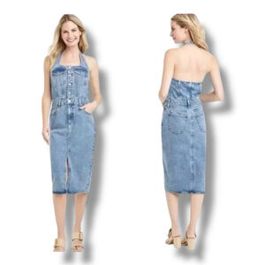 Women's Halter Denim Midi Dress Universal Thread Medium Wash Size 0 Open Back